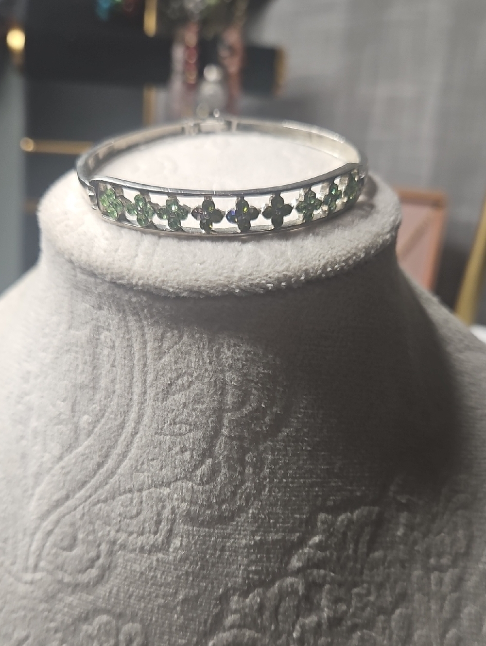 Silver Bangle with Green Gem Accents - Elegant Women’s Bracelet